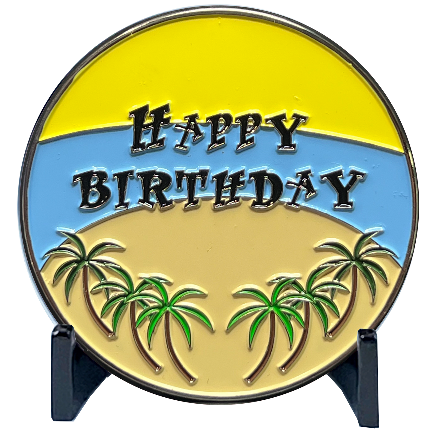 EL11-007 Happy Birthday Police Officer Challenge Coin Car Palm Tree Beach Gift Thin Blue Line