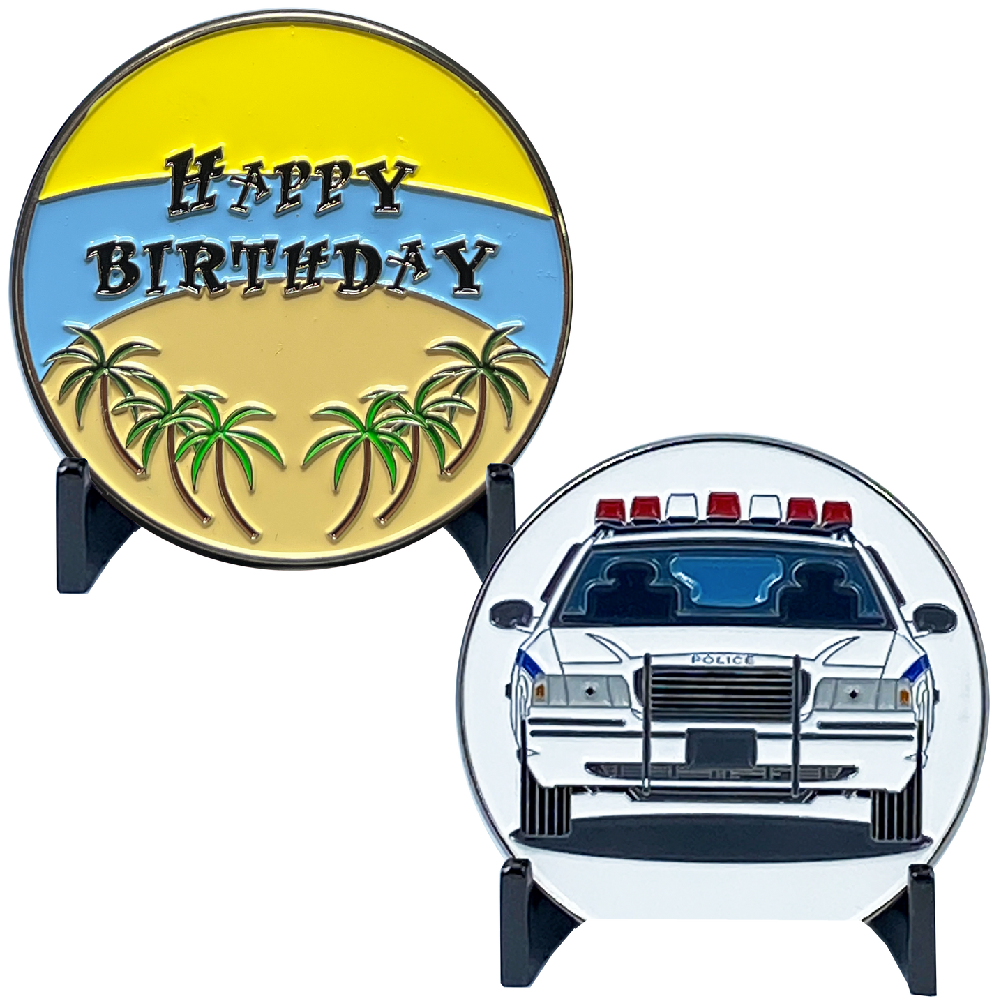 EL11-007 Happy Birthday Police Officer Challenge Coin Car Palm Tree Beach Gift Thin Blue Line