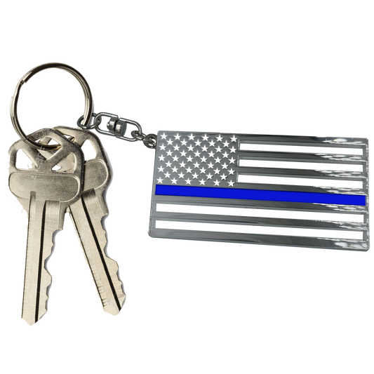 BL5-019 Thin Blue Line Police American Flag die-cut chrome challenge coin keychain with swivel and 1" keyring