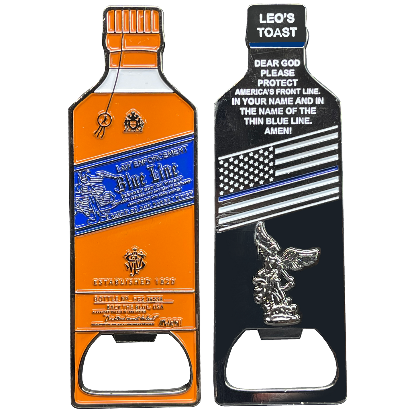 BL16-001 Blue Label Police Officer LEO's Toast Thin Blue Line Prayer Challenge Coin Bottle Opener