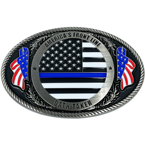 EL4-006 Police Officer Antique Nickel Thin Blue Line Police American Flag Belt Buckle America's Front Line Oath Taker