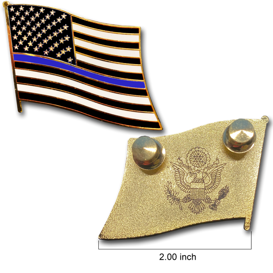 Thin Blue Line Police Large cloisonné American Flag Lapel Pin with 2 pin posts and deluxe clasps, U.S. Stars are Stripes