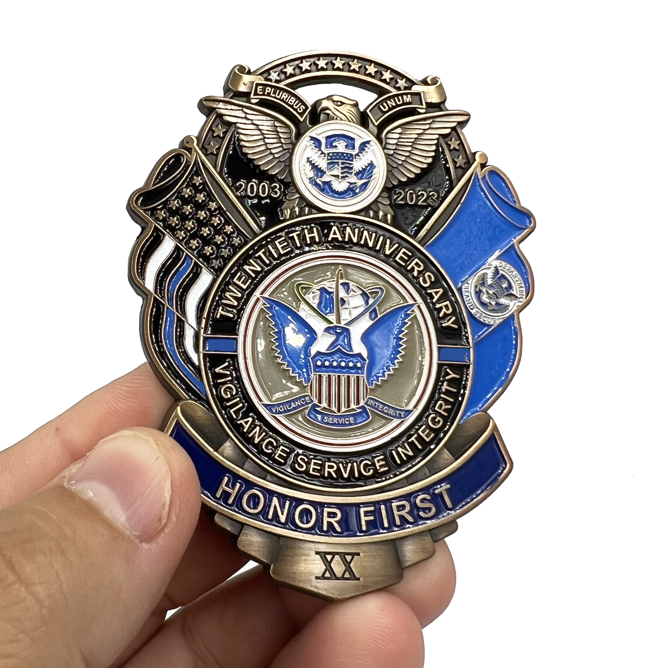 CL3-07 Large 3 inch 20th Anniversary CBP CBP Officer Field Ops Commemorative Honor First Thin Blue Line Pin not a Challenge Coin