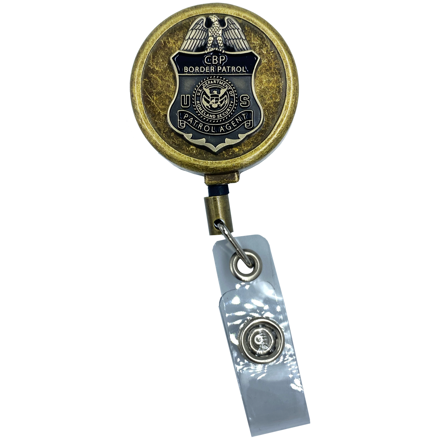 DL10-10 Border Patrol Antique Bronze Plated Metal ID Reel retractable Card Holder CBP Border Patrol Agent BPA