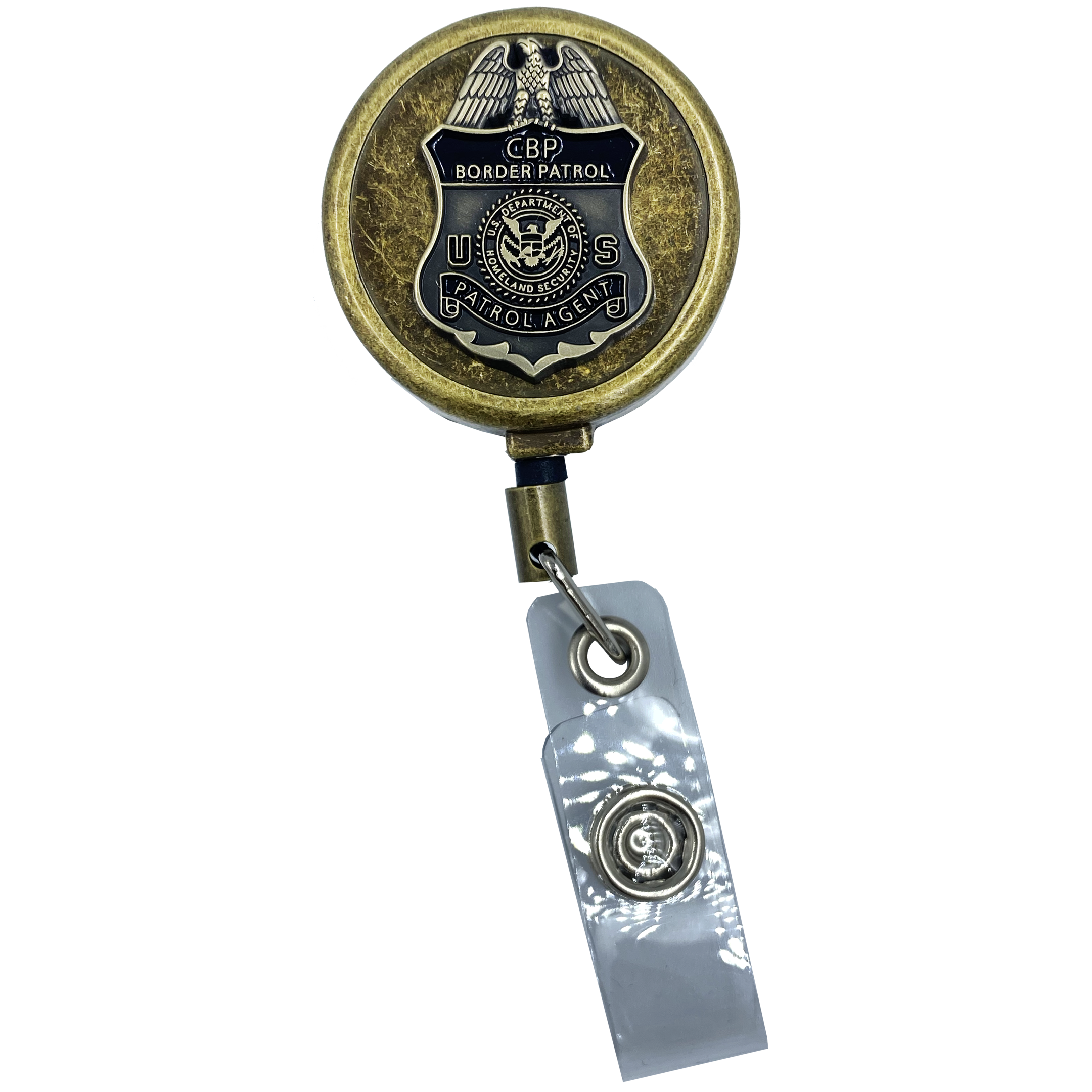 DL10-10 Border Patrol Antique Bronze Plated Metal ID Reel retractable Card Holder CBP Border Patrol Agent BPA