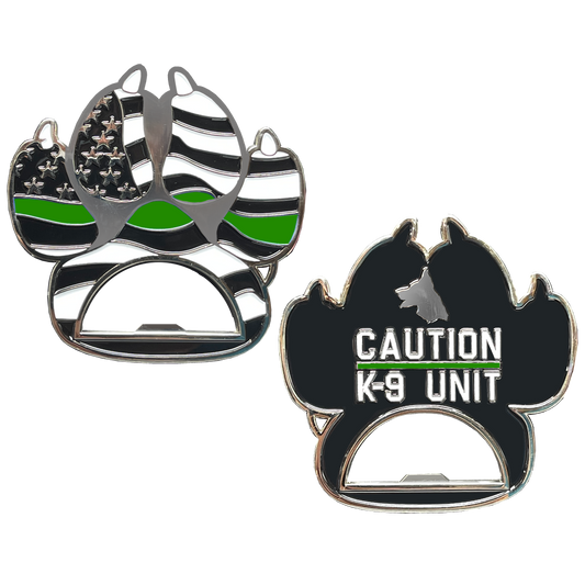 BL16-011 Thin Green Line Police Canine K9 unit paw bottle opener Border Patrol Deputy Sheriff Army Marines challenge coin