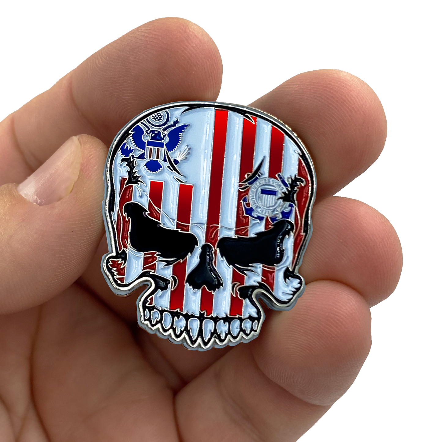 EL3-016 US Coast Guard Flag Coastie Skull Pin with dual pin posts so it won't spin USCG