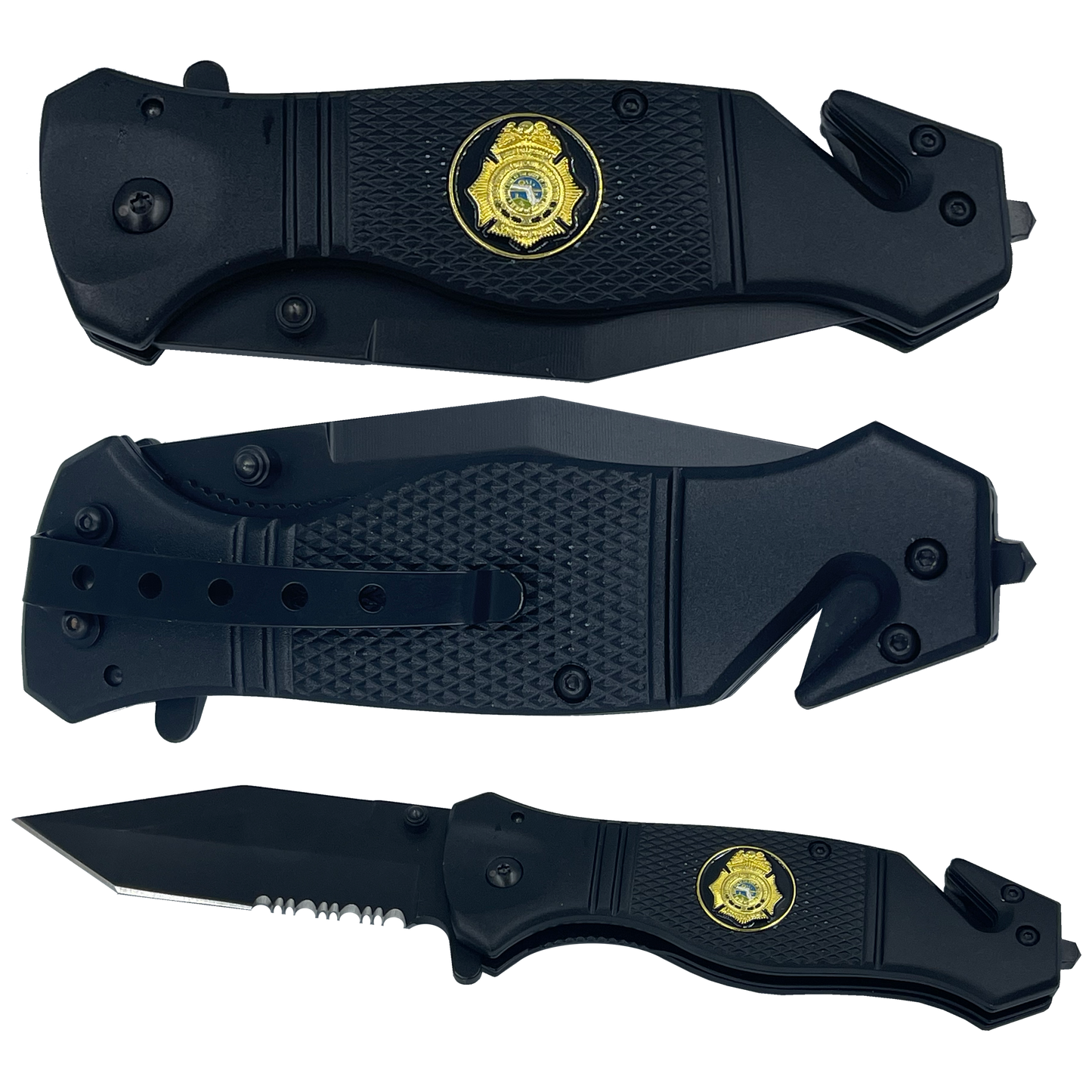 FDLE collectible 3-in-1 Police Tactical Rescue knife tool with Seatbelt Cutter, Steel Serrated Blade, Glass Breaker Special Agent
