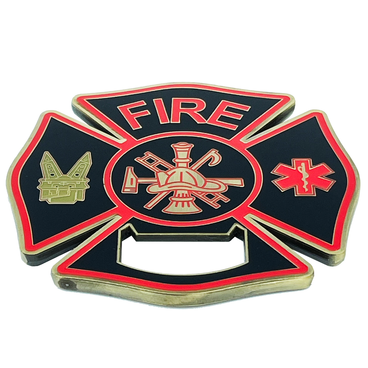 BL2-005A Large Fire Department Firefighter thin red line maltese cross EMT paramedic bottle opener coaster challenge coin