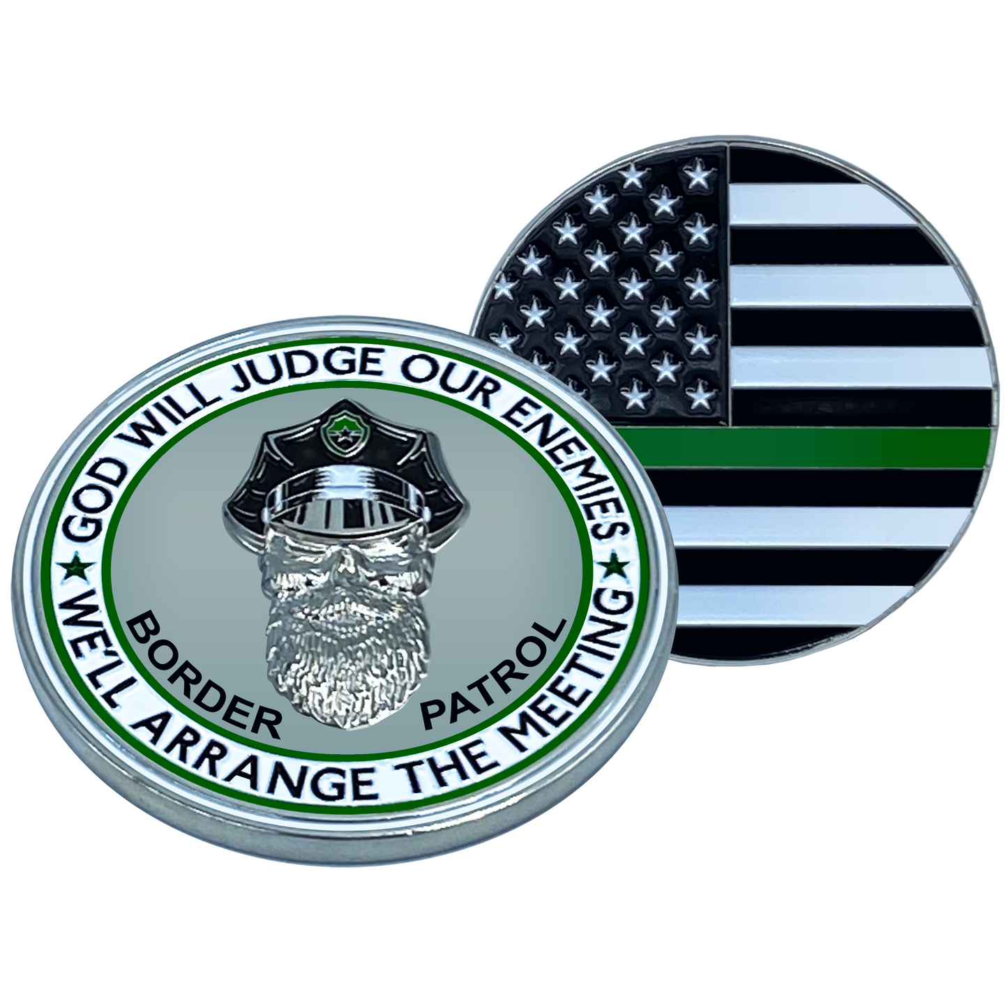 EL1-002 Thin Green Line God Will Judge BPA BEARD GANG SKULL Challenge Coin Police CBP Border Patrol AGENT Back the Blue