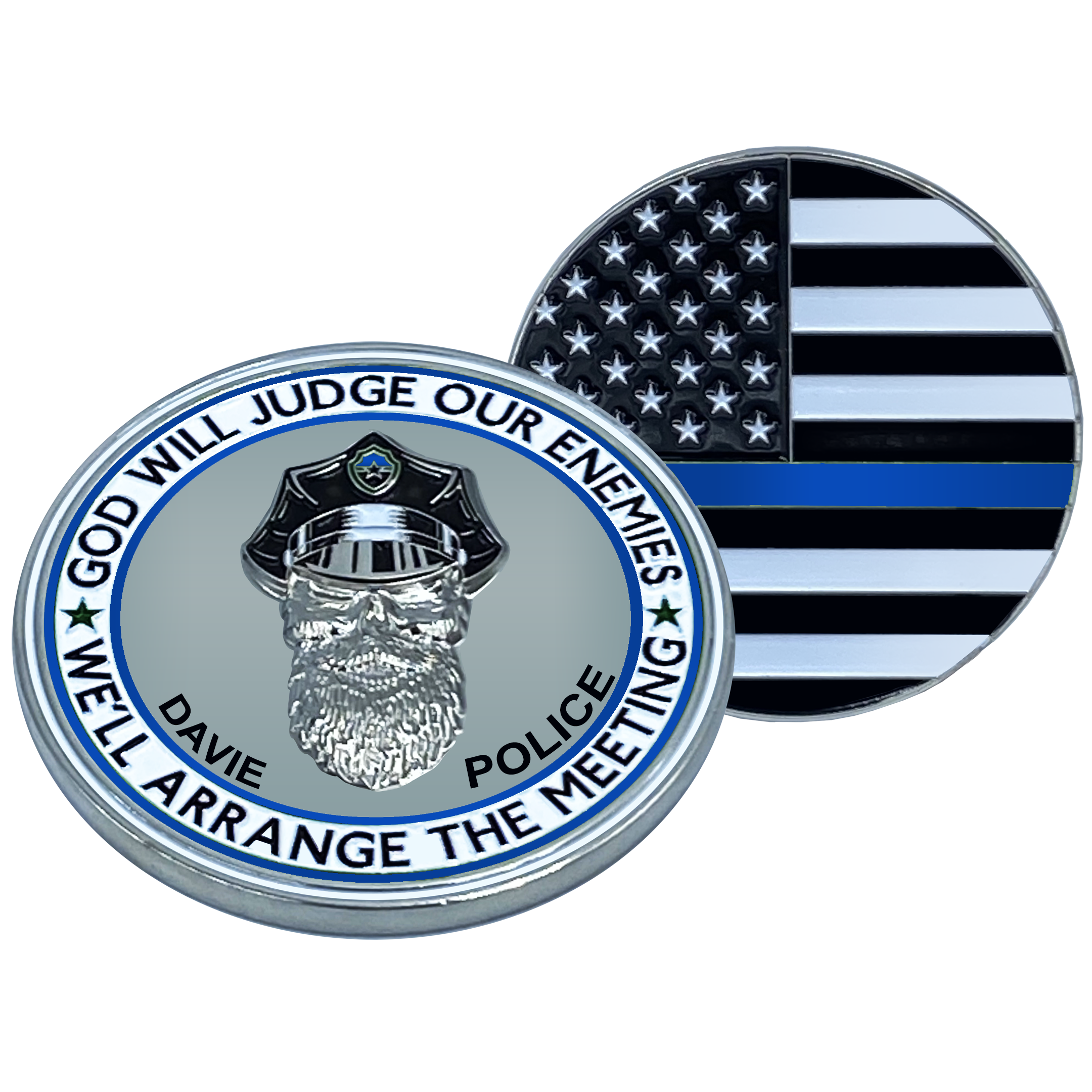 EL1-007 Thin Blue Line Davie Florida Police God Will Judge BEARD GANG SKULL Challenge Coin City of Police Department Broward Southwest Ranches Back the Blue