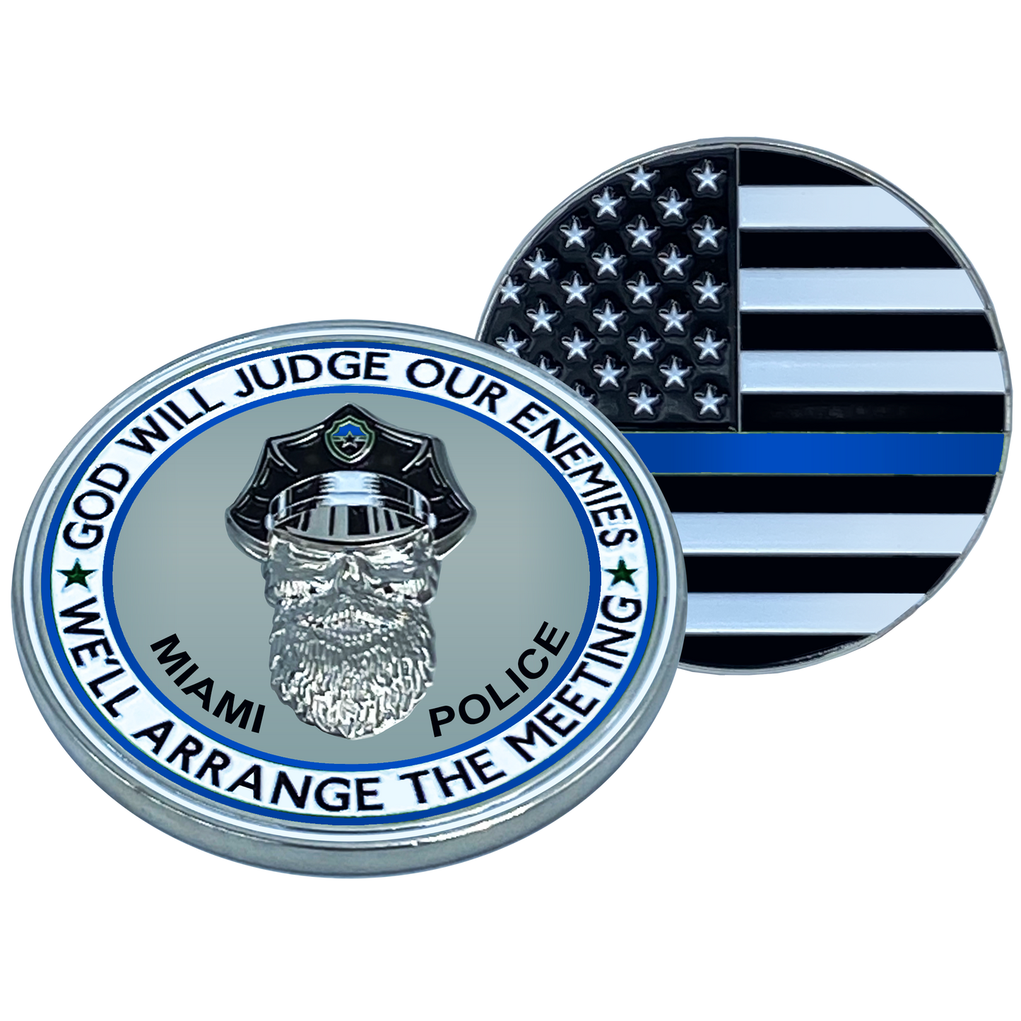 EL1-005 Thin Blue Line Miami Police God Will Judge BEARD GANG SKULL Challenge Coin City of Police Department Miami Beach Dade South Back the Blue