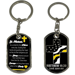 GL6-007 911 Emergency Police Dispatcher Thin Yellow Line Prayer Saint Michael Corrections Protect Us Matthew 14:30 Challenge Coin Dog Tag Keychain Thin Gold Line