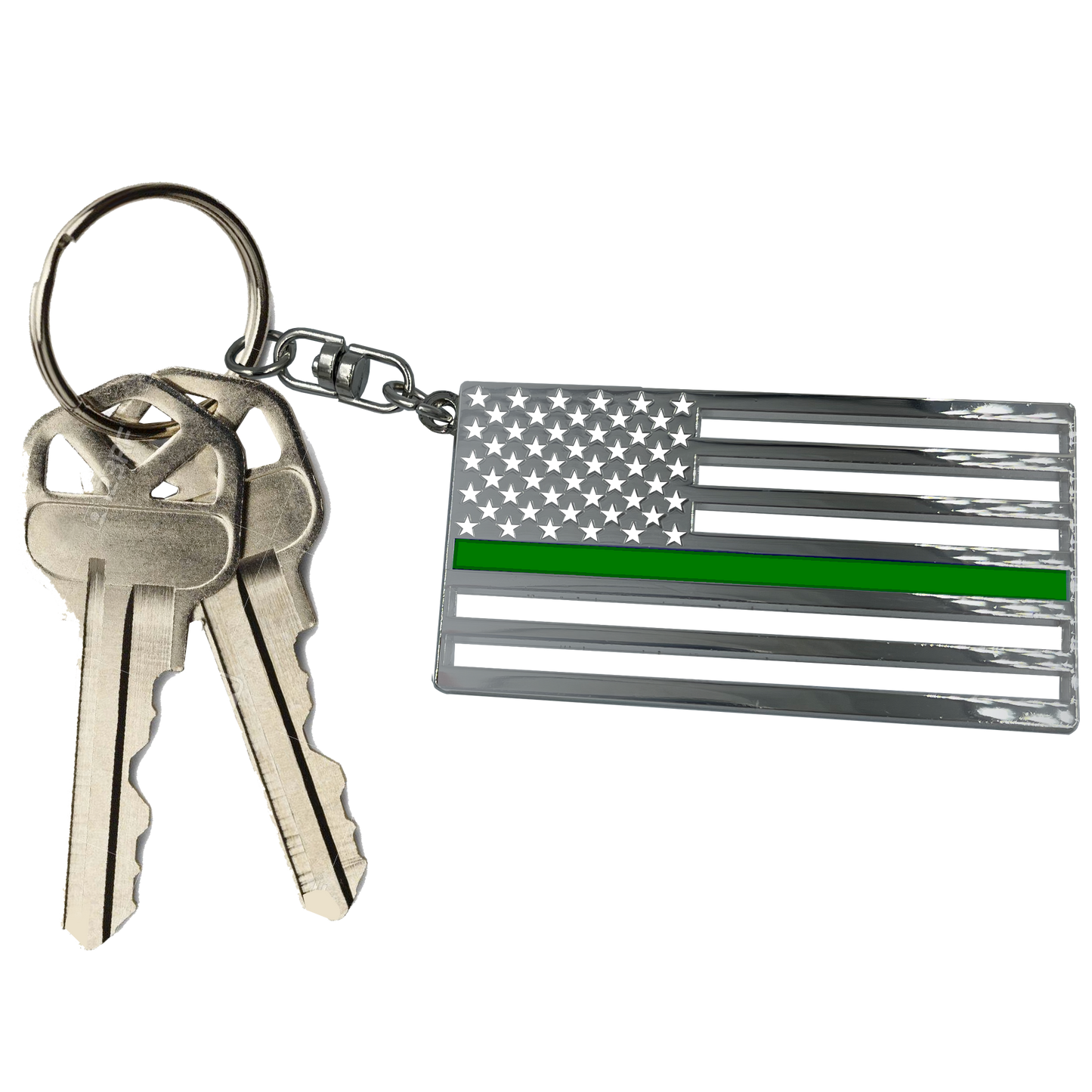 BL6-019 Thin Green Line Police American Flag Border Patrol Deputy Sheriff die-cut chrome challenge coin keychain with swivel and 1" keyring