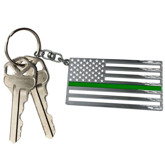BL6-019 Thin Green Line Police American Flag Border Patrol Deputy Sheriff die-cut chrome challenge coin keychain with swivel and 1" keyring