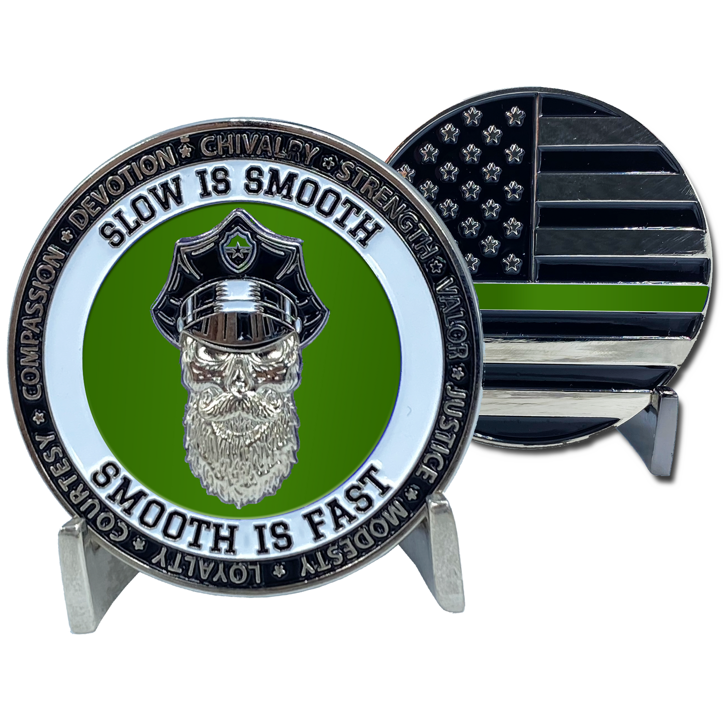 DL4-11 Thin Green Line Challenge Coin SLOW IS SMOOTH, SMOOTH IS FAST Beard Gang Skull Police Deputy Sheriff Border Patrol Agent Back the Blue