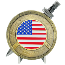 BL7-013 Army Marines Air Force Coast Guard Navy Warrior Gladiator American US Flag Shield with removable Sword Military Veteran Challenge Coin Set Patriotic