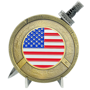 BL7-013 Army Marines Air Force Coast Guard Navy Warrior Gladiator American US Flag Shield with removable Sword Military Veteran Challenge Coin Set Patriotic