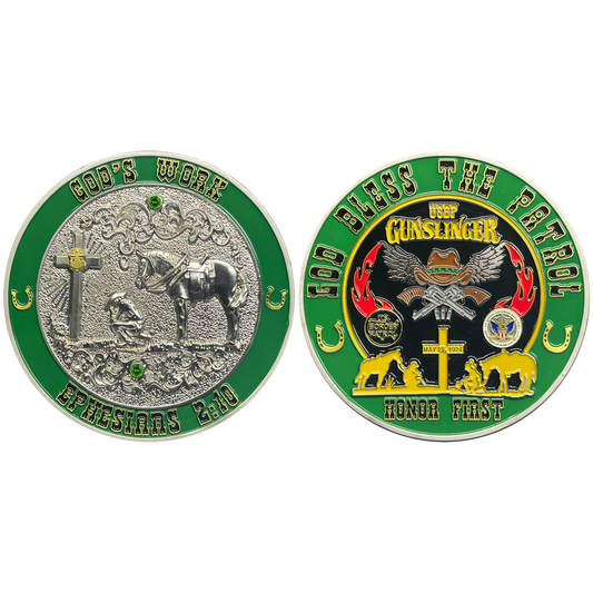 discontinued BL16-008 CBP Border Patrol Agent God's Work Gun Slinger Honor First Challenge Coin Horse Patrol