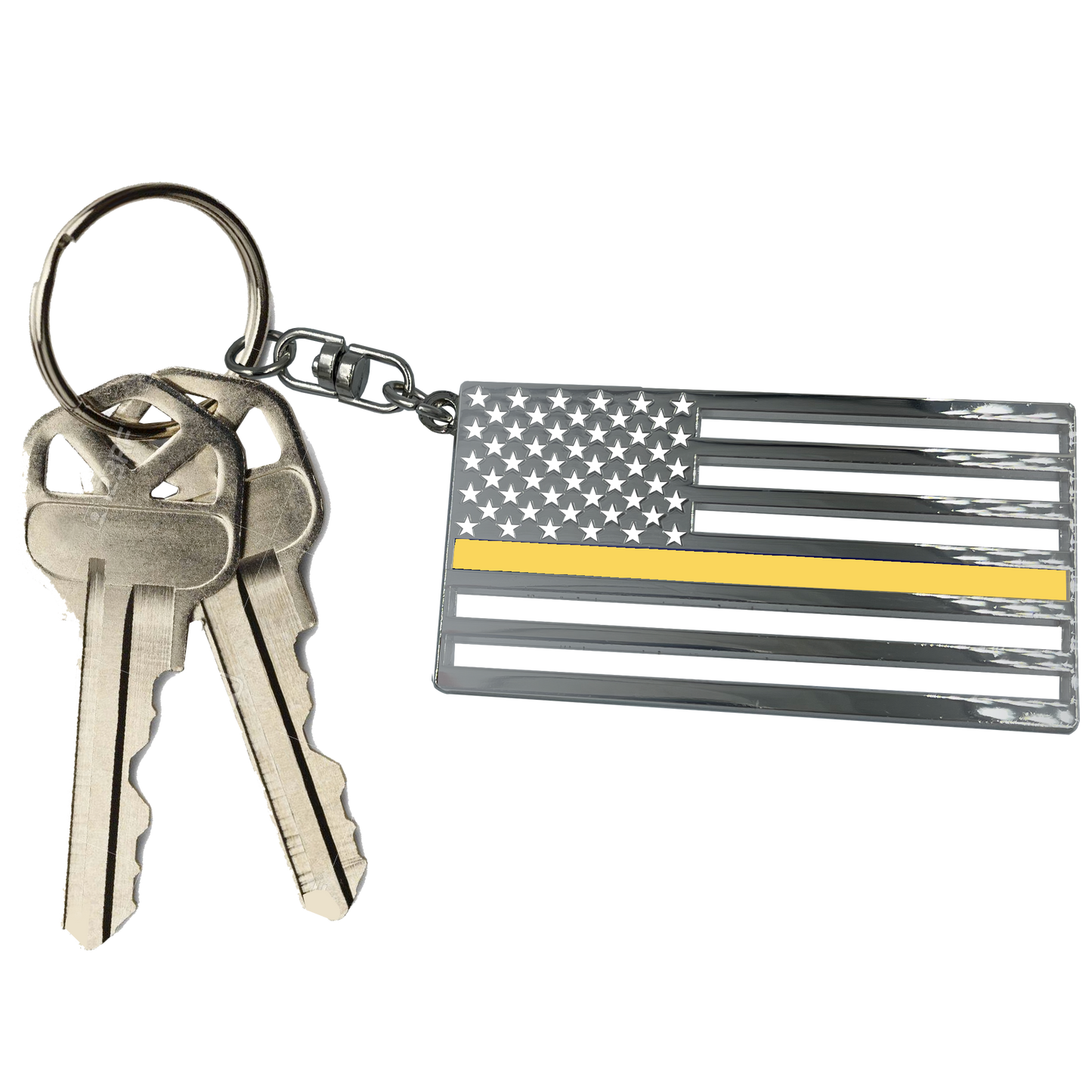 BL7-019 Thin Gold Line Police American Flag 911 Emergency Dispatcher die-cut chrome challenge coin keychain with swivel and 1" keyring yellow line