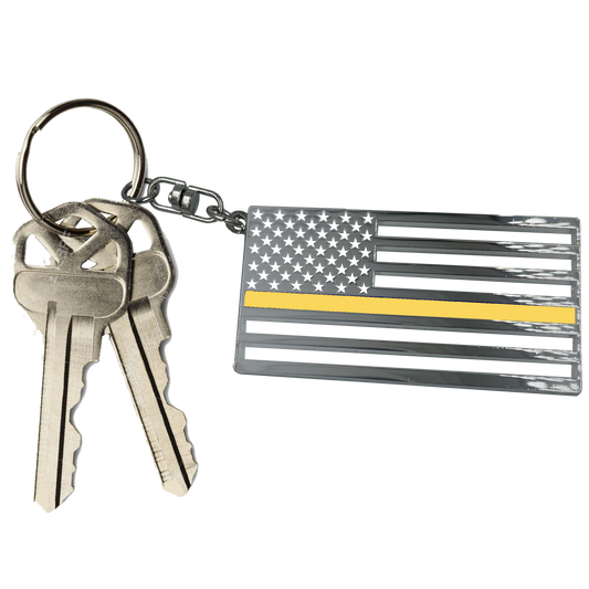 BL7-019 Thin Gold Line Police American Flag 911 Emergency Dispatcher die-cut chrome challenge coin keychain with swivel and 1" keyring yellow line