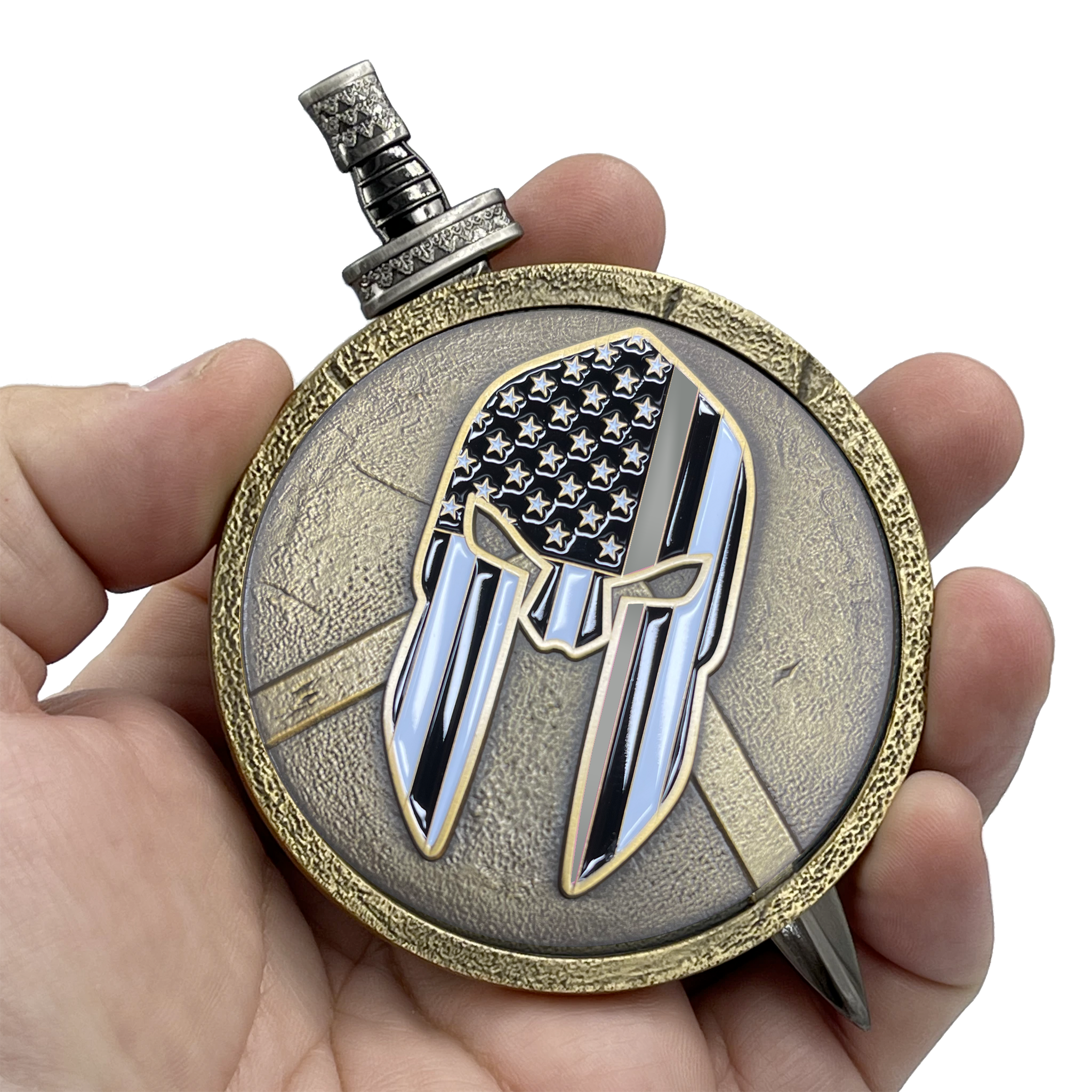 EL6-018 Thin Gray Line Correctional Officer CO Department of Corrections Warrior Gladiator Shield with removable Sword Challenge Coin Set jail prison