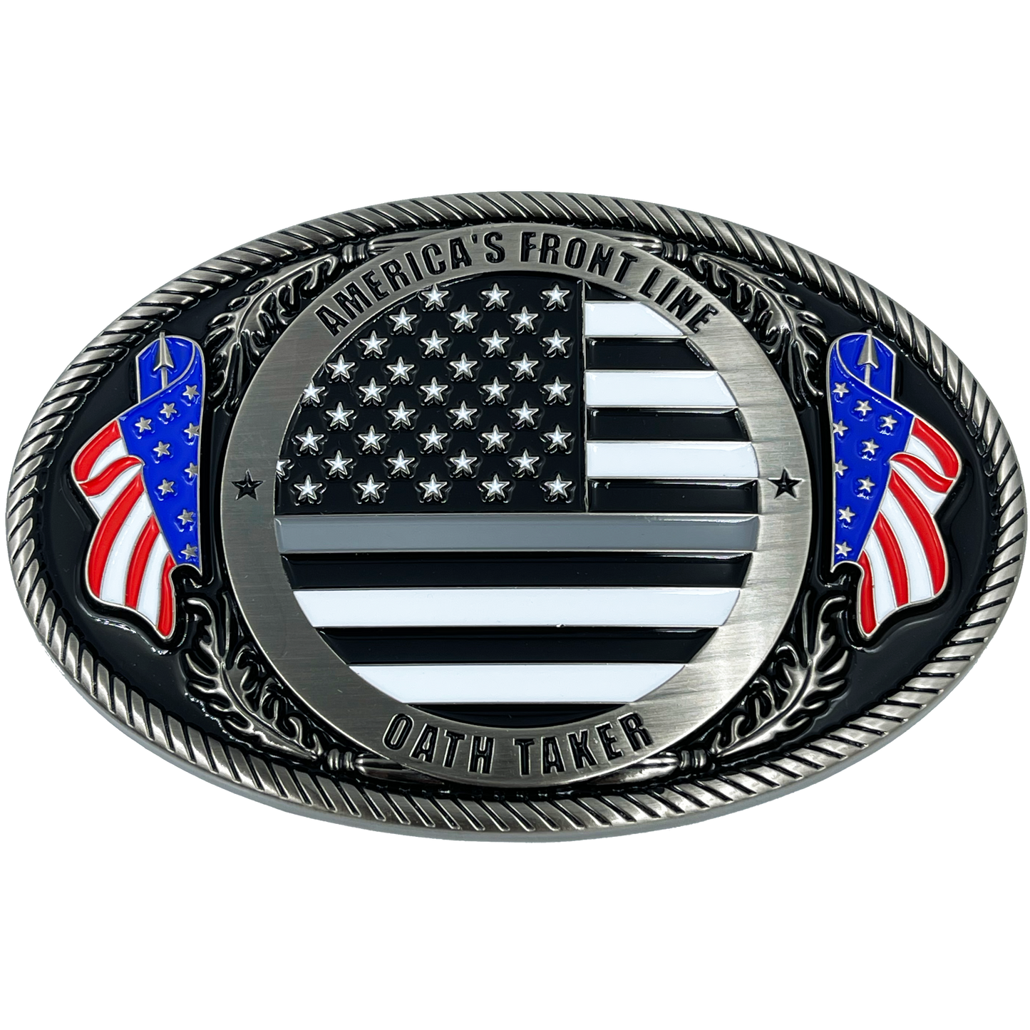 EL4-008 Correctional Officer Antique Nickel Thin Gray Line CO Police American Flag Corrections Belt Buckle America's Front Line Oath Taker