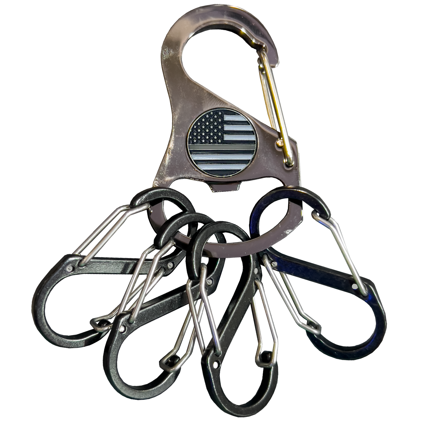 Correctional Officer Thin Gray Line Carabiner Keychain with 4 carabiner clips and bottle opener function CO Corrections