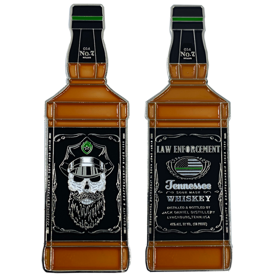 EE-014 Thin Green Line Jack Daniels inspired Police Challenge Coin CBP Border patrol Sheriff Army Marines Beard Gang Skull