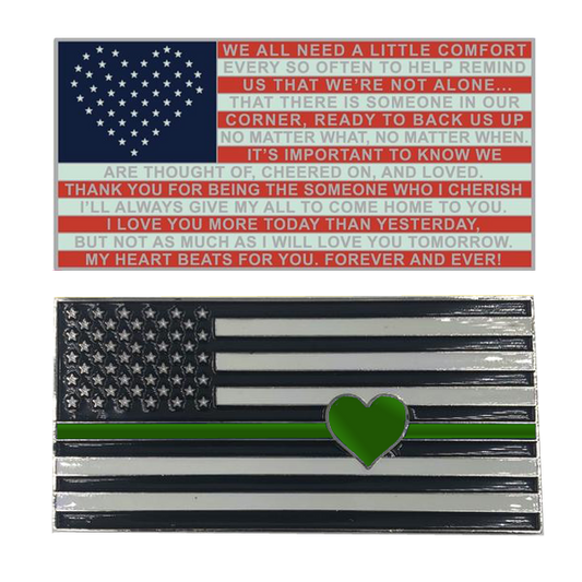 K-012 Thin Green Line Flag with Heart and Love and Support message Challenge Coin Border Patrol CBP Army Sheriff