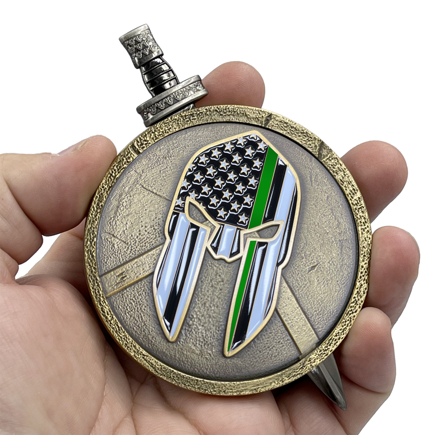 EL5-018 Thin Green Line Border Patrol CBP BPA Warrior Gladiator Shield with removable Sword Challenge Coin Set Deputy Sheriff Marines Army