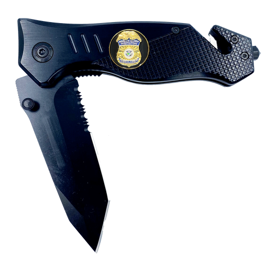 HSI Special Agent collectible 3-in-1 Police Tactical Rescue knife tool with Seatbelt Cutter, Steel Serrated Blade, Glass Breaker