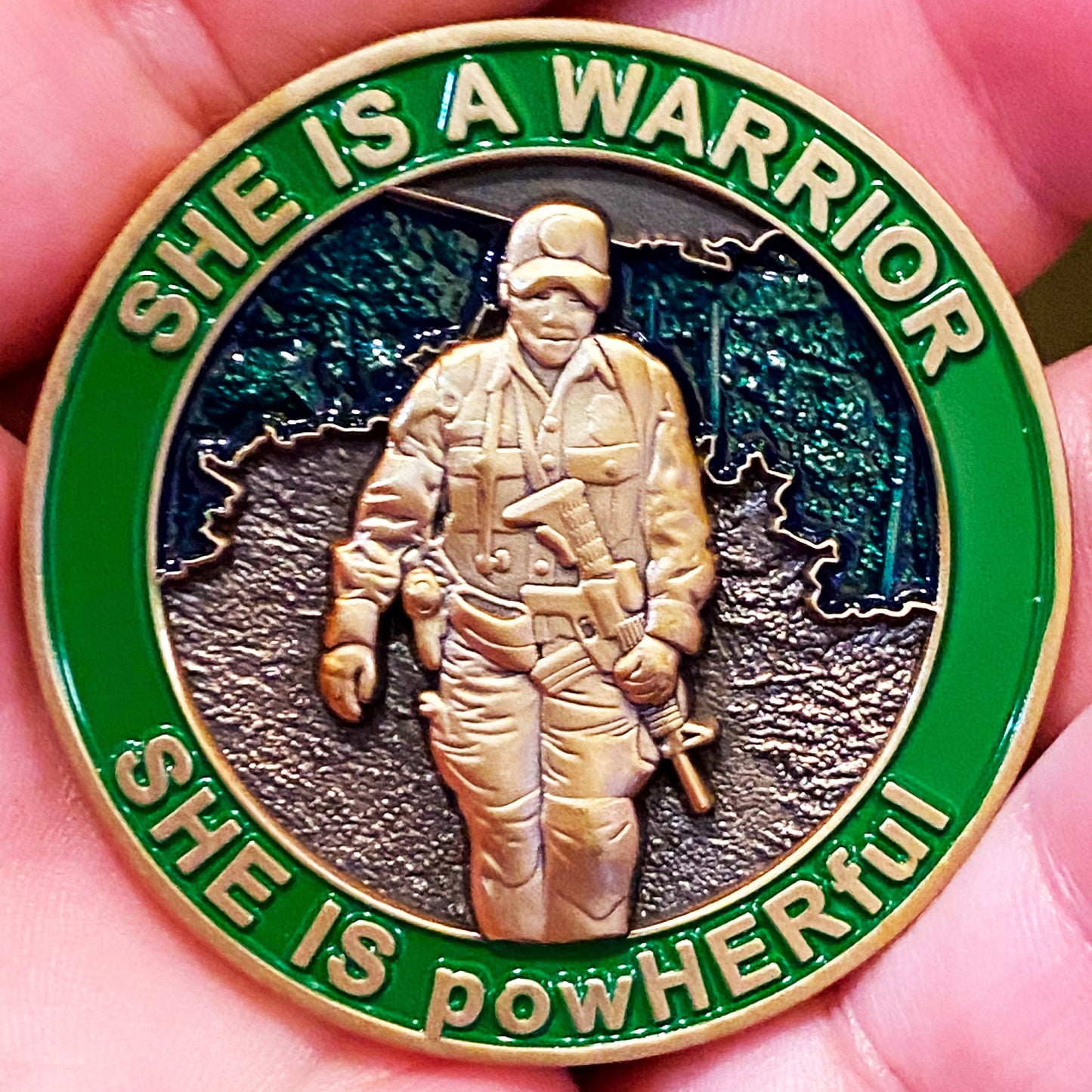 DL3-12 She is a powHERful Warrior thin green line Police Border Patrol Military Tactical Female Challenge Coin Agent Officer CBP