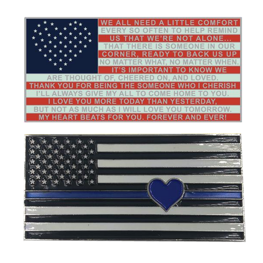 J-005 Thin Blue Line Flag with Heart and Love and Support message Challenge Coin