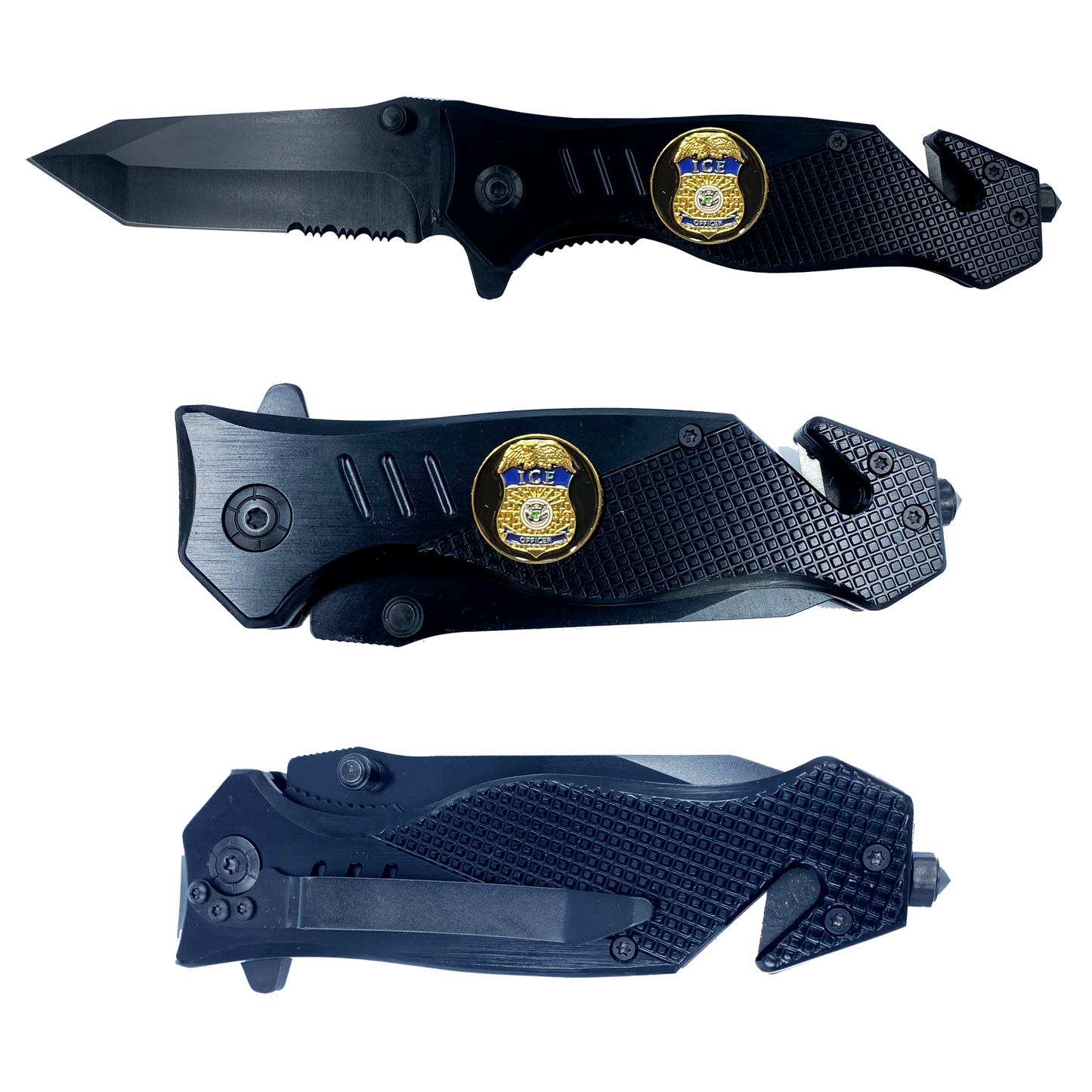 ICE officer collectible 3-in-1 Police Tactical Rescue knife tool with Seatbelt Cutter, Steel Serrated Blade, Glass Breaker