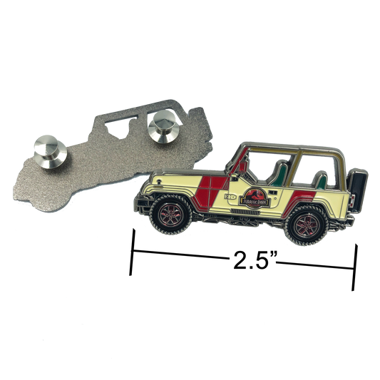 EE-009 Jurassic Park inspired Jeep pin (2.5 inch with 2 pin posts and spring loaded clasps)