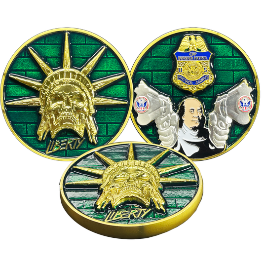 BL17-001 Skull Statue of Liberty Benjamin Franklin Revolvers CBP Border Patrol Agent Challenge Coin