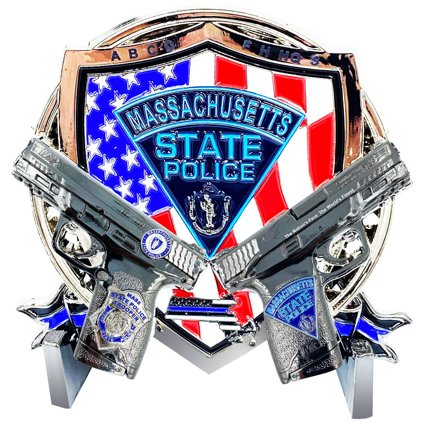 BL17-016 MSP Big Medallion Massachusetts State Police Trooper Large Challenge Coin with M&P Smith & Wesson S&W