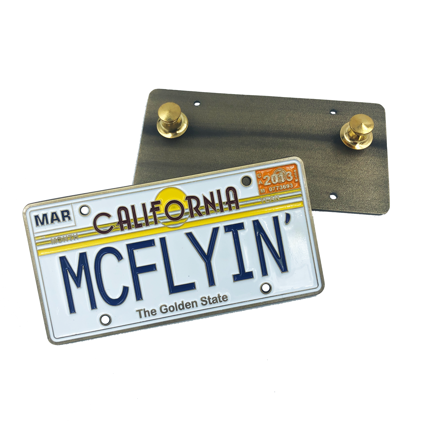 FF-018 MCFLYIN Back to the Future License Plate Medallion Pin with dual pin backs Marty MyFly OUTATIME alternative