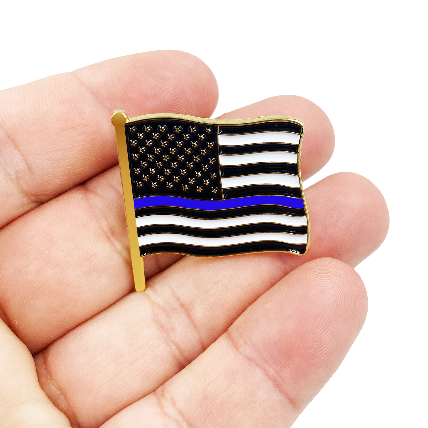 EL14-001 Thin Blue Line Police Department American Waving Flag Lapel Pin 1.25" with 2 pin posts and deluxe clasps, U.S. Stars are Stripes, Old Glory US USA Back The Blue