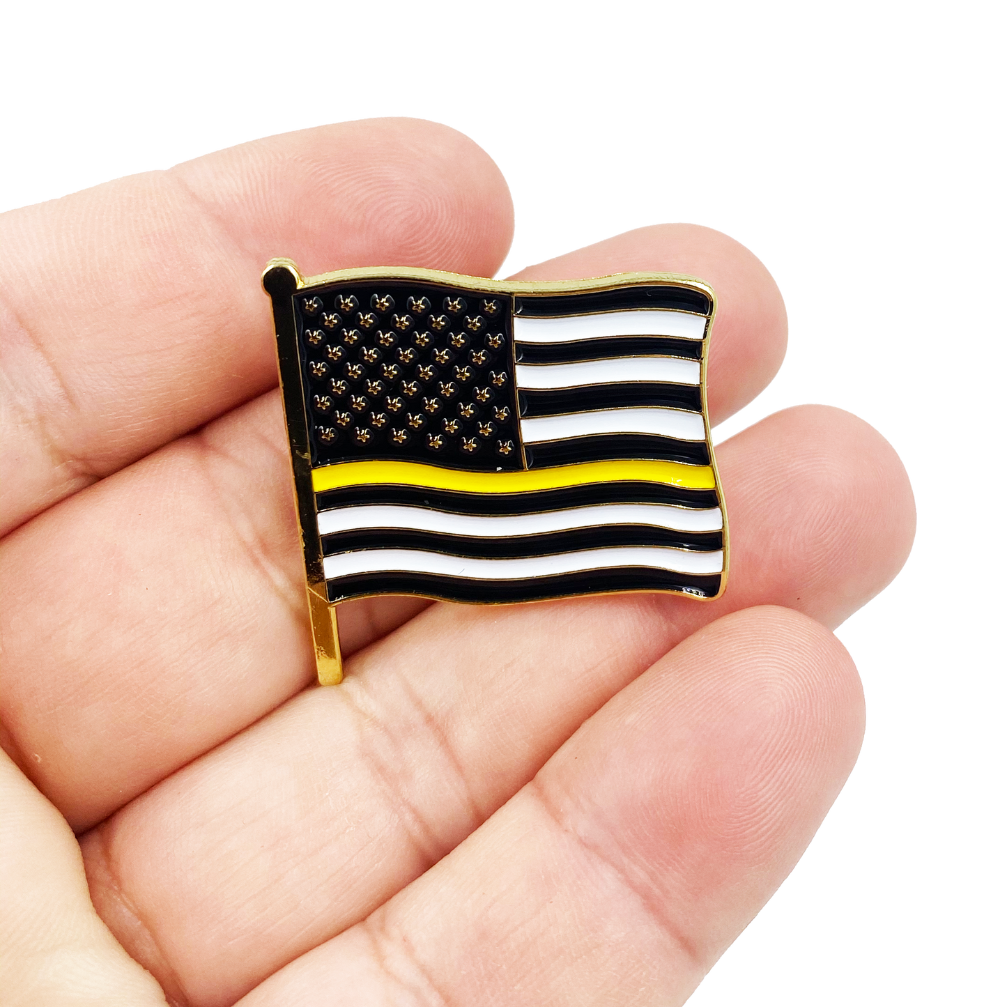 Dispatcher Thin Gold Line American Waving Flag Lapel Pin 1.25" with 2 pin posts and deluxe clasps, U.S. Stars are Stripes, Old Glory US USA Yellow 911 Emergency