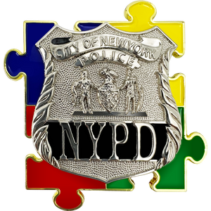 EE-022 NYPD Police Officer New York City Police Autism Awareness Month lapel pin puzzle pieces display like a challenge coin