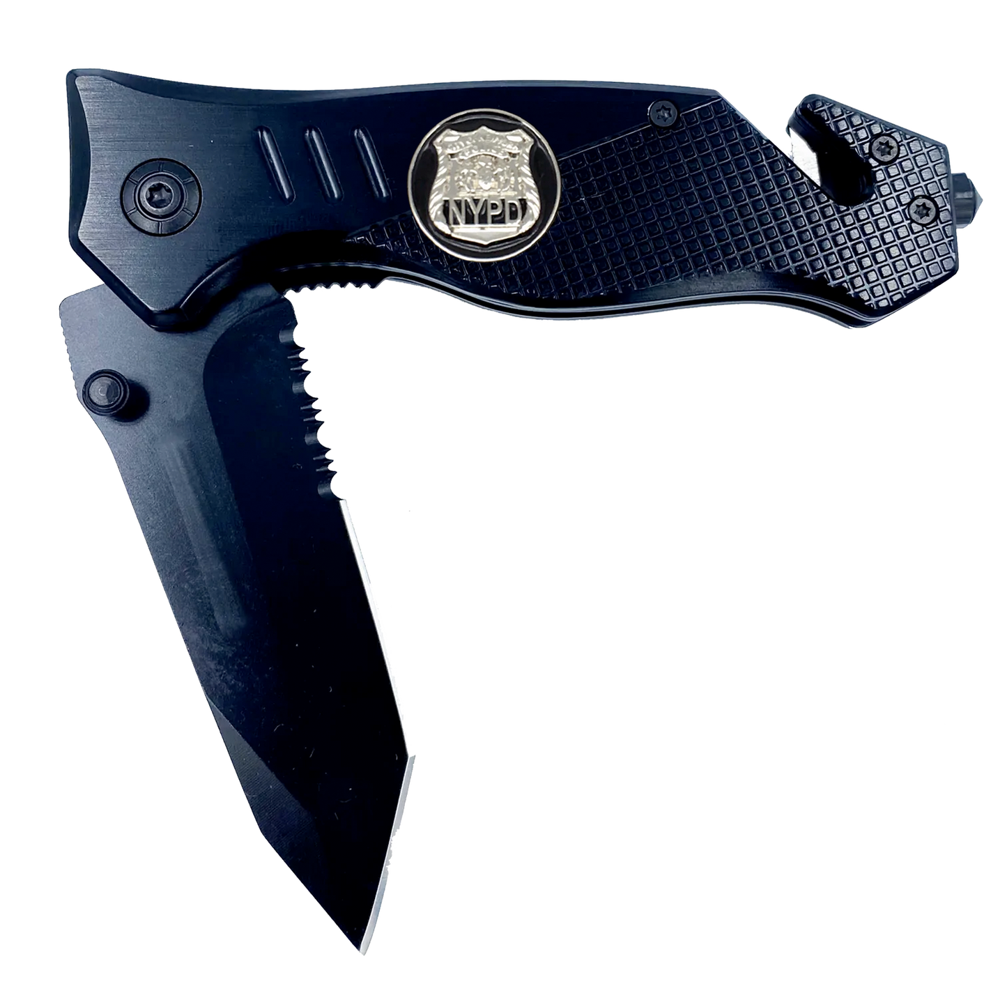NYPD New York City Police Department Knife 3-in-1 Tactical Rescue knife tool with Seatbelt Cutter, Steel Serrated Blade, Glass