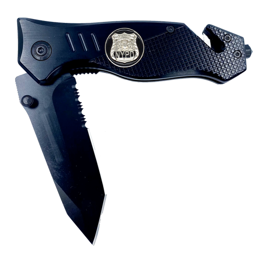 NYPD New York City Police Department Knife 3-in-1 Tactical Rescue tool with Seatbelt Cutter, Steel Serrated Blade, Glass