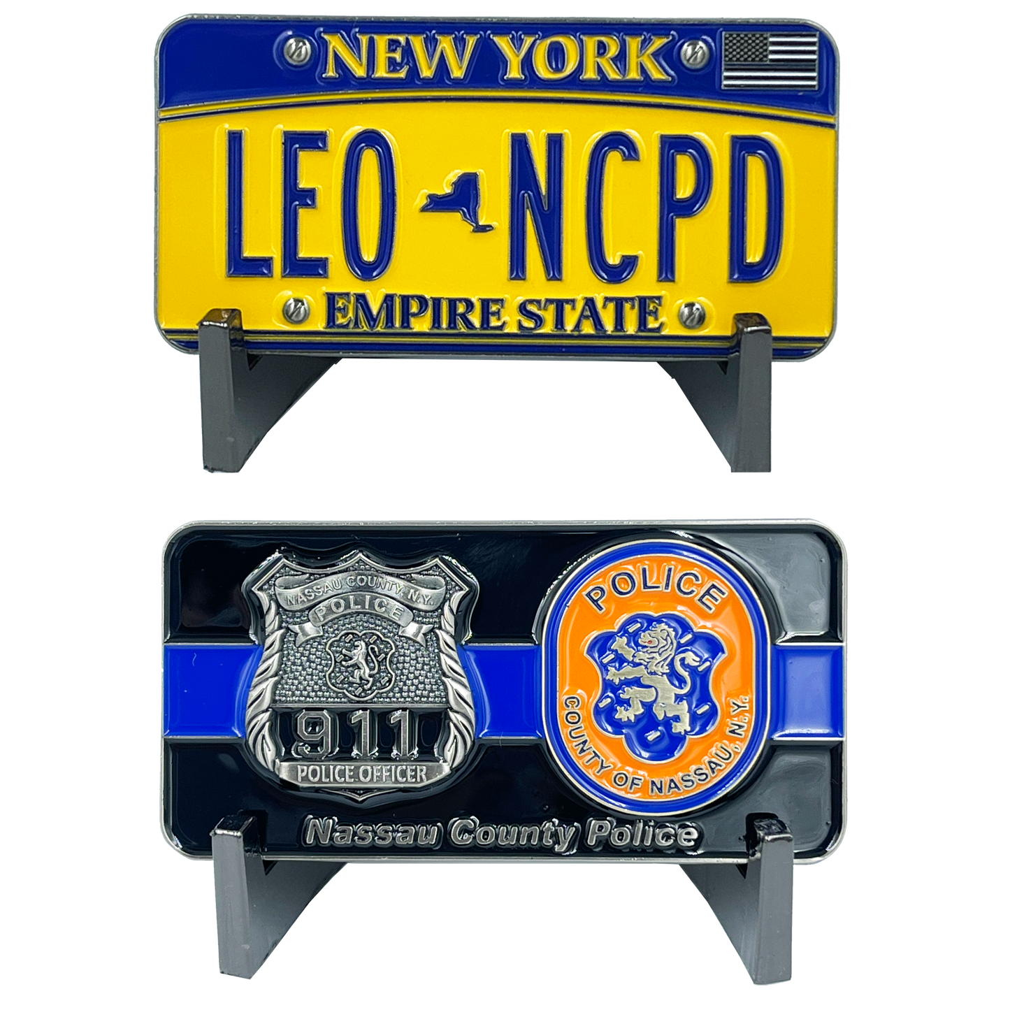 BL8-016 Nassau County Police Department Challenge Coin Thin Blue Line Long Island Police Officer NY New York License Plate