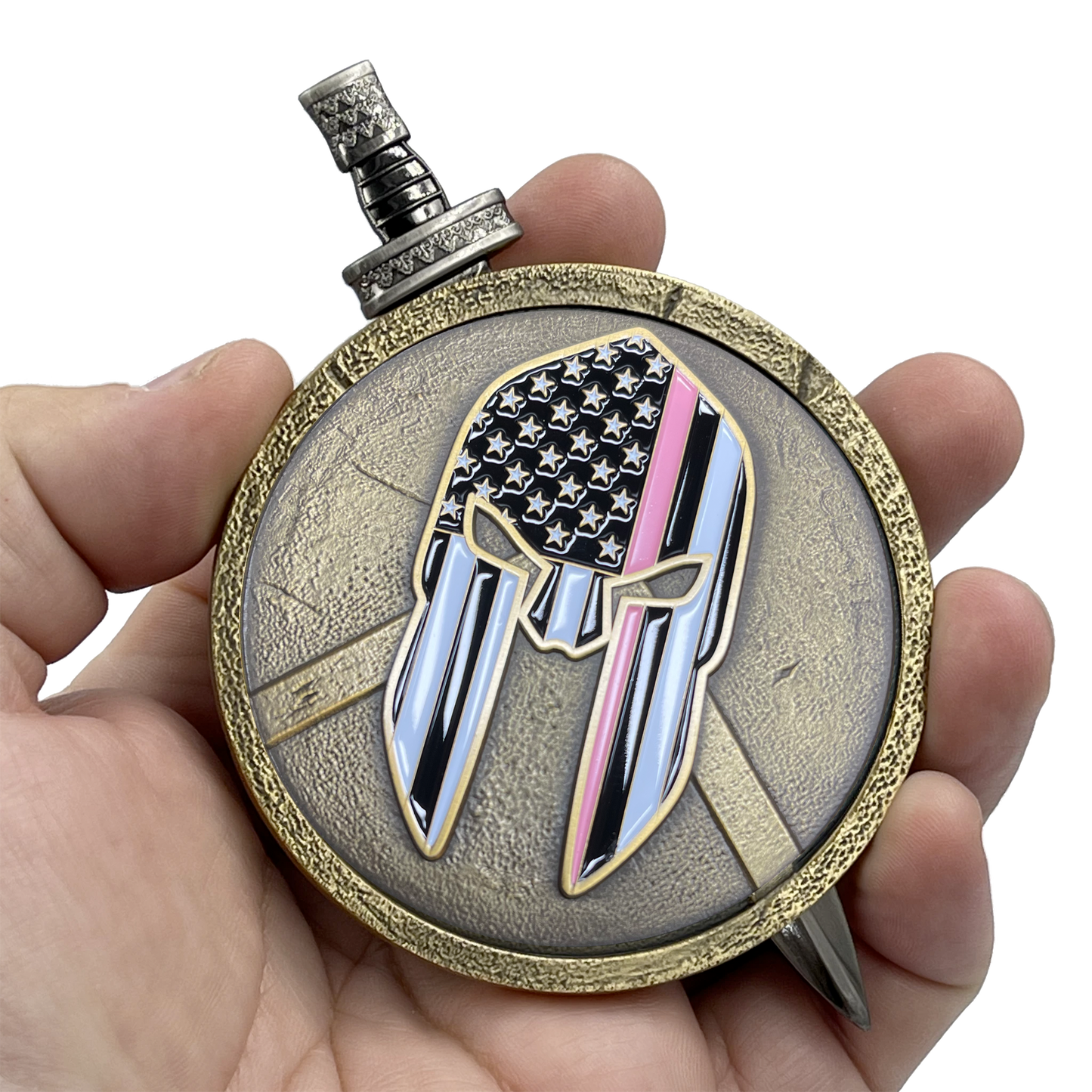 EL3-019 Breast Cancer Awareness Warrior Gladiator Survivor Thin Pink Line Shield with removable Sword Challenge Coin Set Police Sheriff Deputy Marines Army Air Force Navy Coast Guard