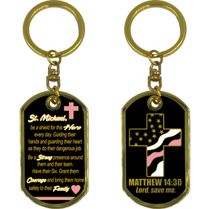 GL5-008 Breast Cancer Awareness Survivor Prayer Saint Michael Corrections Protect Us Matthew 14:30 Challenge Coin Dog Tag Keychain Thin Pink Line