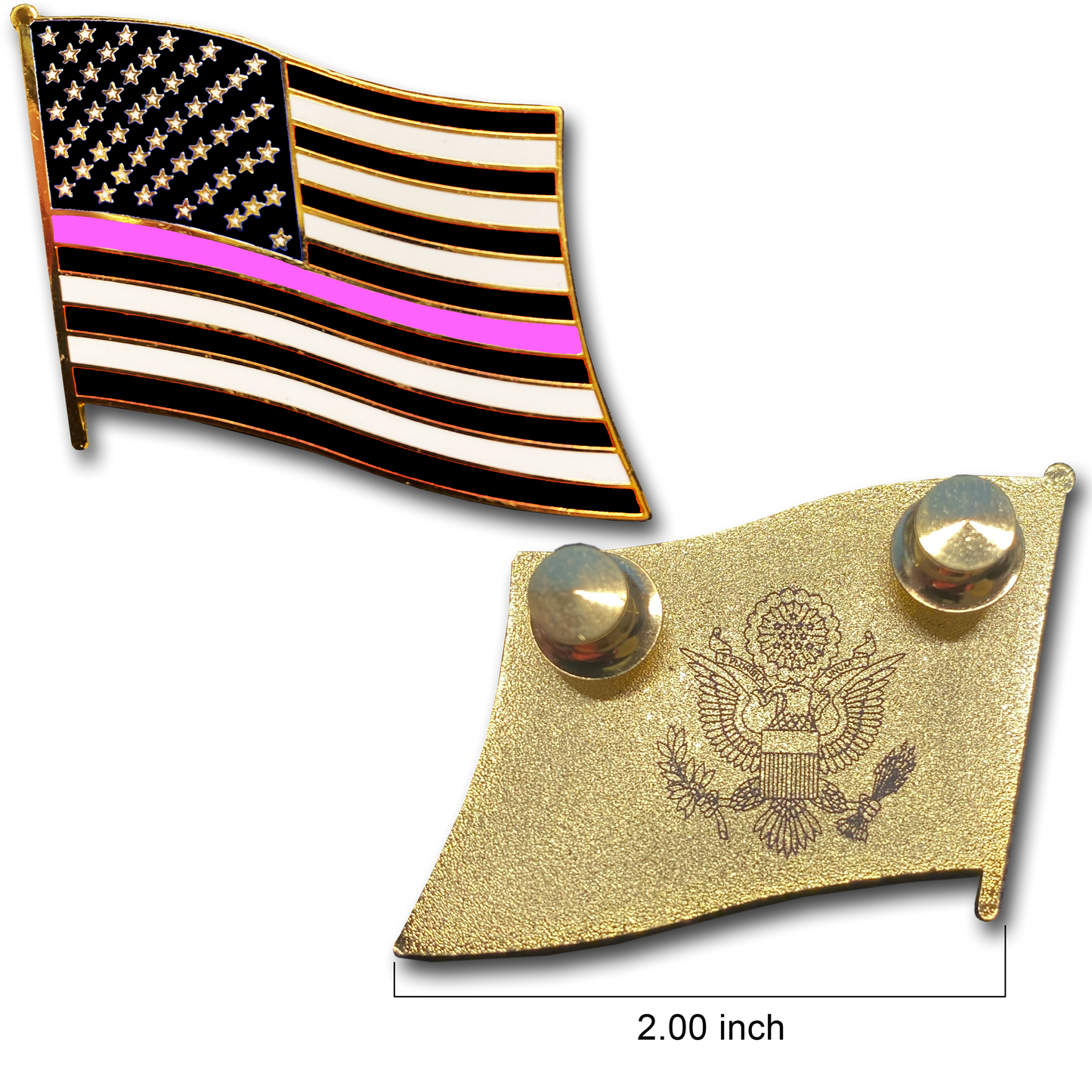 Thin Pink Line Large cloisonné American Flag Lapel Pin with 2 pin posts, 2 deluxe clasps Breast Cancer Police