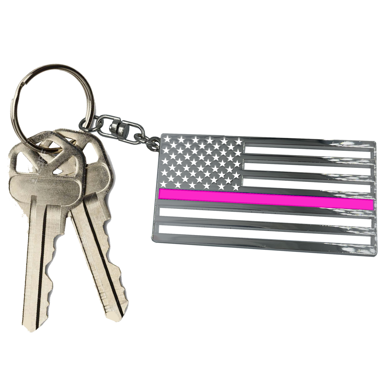 BL8-018 Thin Pink Line Breast Cancer Awareness American Flag die-cut chrome challenge coin keychain with swivel and 1" keyring