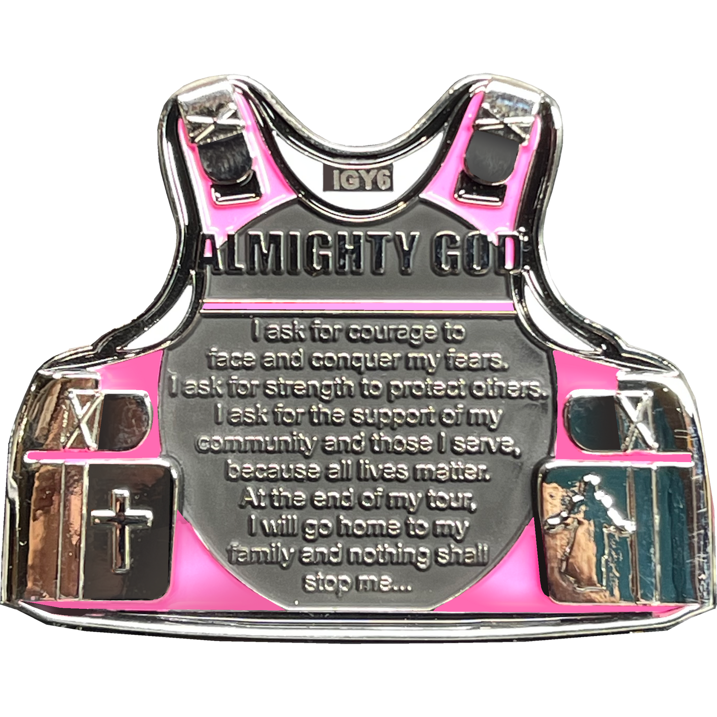 BL12-014 Police Officer's Prayer God Almighty Challenge Coin Vest Thin Pink Line Breast Cancer Awareness